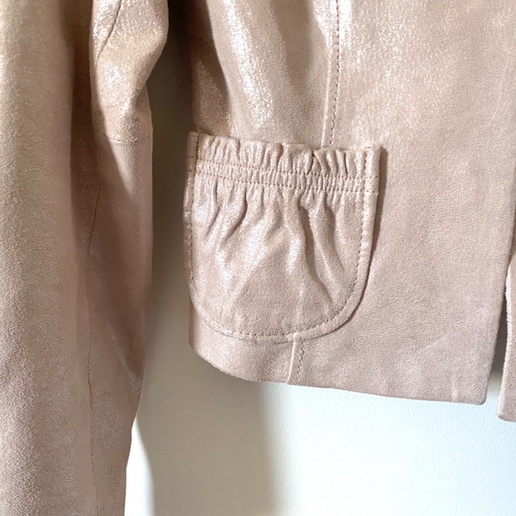 90’s Danier Vintage Shimmery Pink Sueded Leather Jacket, Metallic Ruffled Collar - Picture 5 of 10